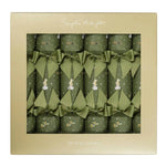 Sophie Allport Festive Forest Christmas crackers featuring hares, hedgehogs and squirrels on an olive green snowy woodland design.