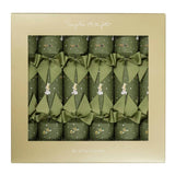 Sophie Allport Festive Forest Christmas crackers featuring hares, hedgehogs and squirrels on an olive green snowy woodland design.