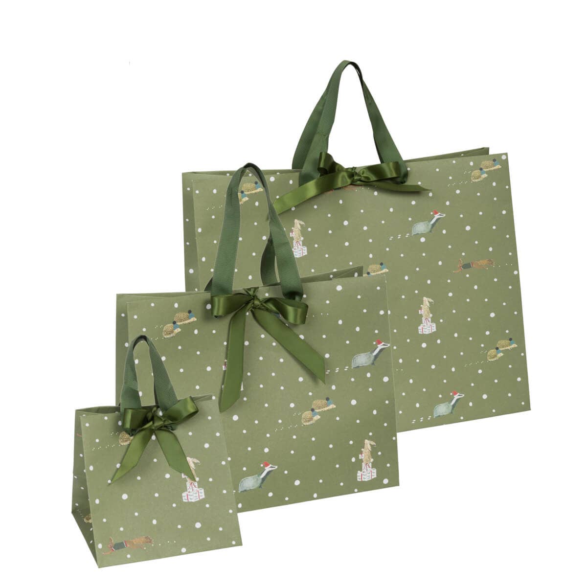 Sophie Allport Festive Forest Christmas gift bag featuring hedgehogs, badgers, hares and squirrels on a rich olive green background.