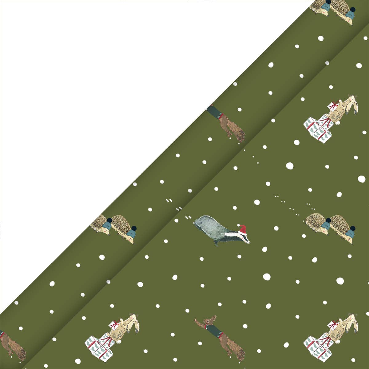 Sophie Allport Festive Forest Christmas wrapping paper with hedgehogs, badgers, hares and squirrels on a rich olive green background.