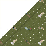 Sophie Allport Festive Forest Christmas wrapping paper with hedgehogs, badgers, hares and squirrels on a rich olive green background.