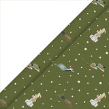 Sophie Allport Festive Forest Christmas wrapping paper with hedgehogs, badgers, hares and squirrels on a rich olive green background.