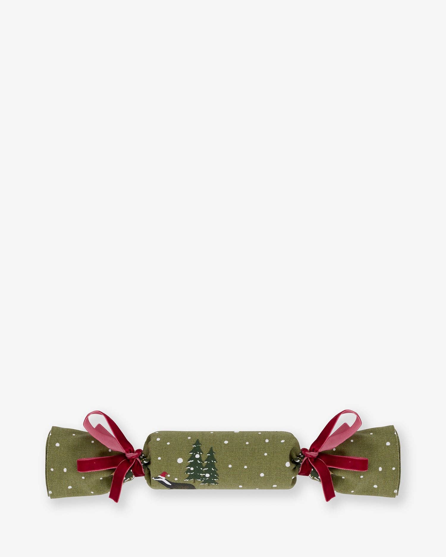Sophie Allport Festive Forest reusable fabric Christmas cracker with woodland animals on a rich olive green background.