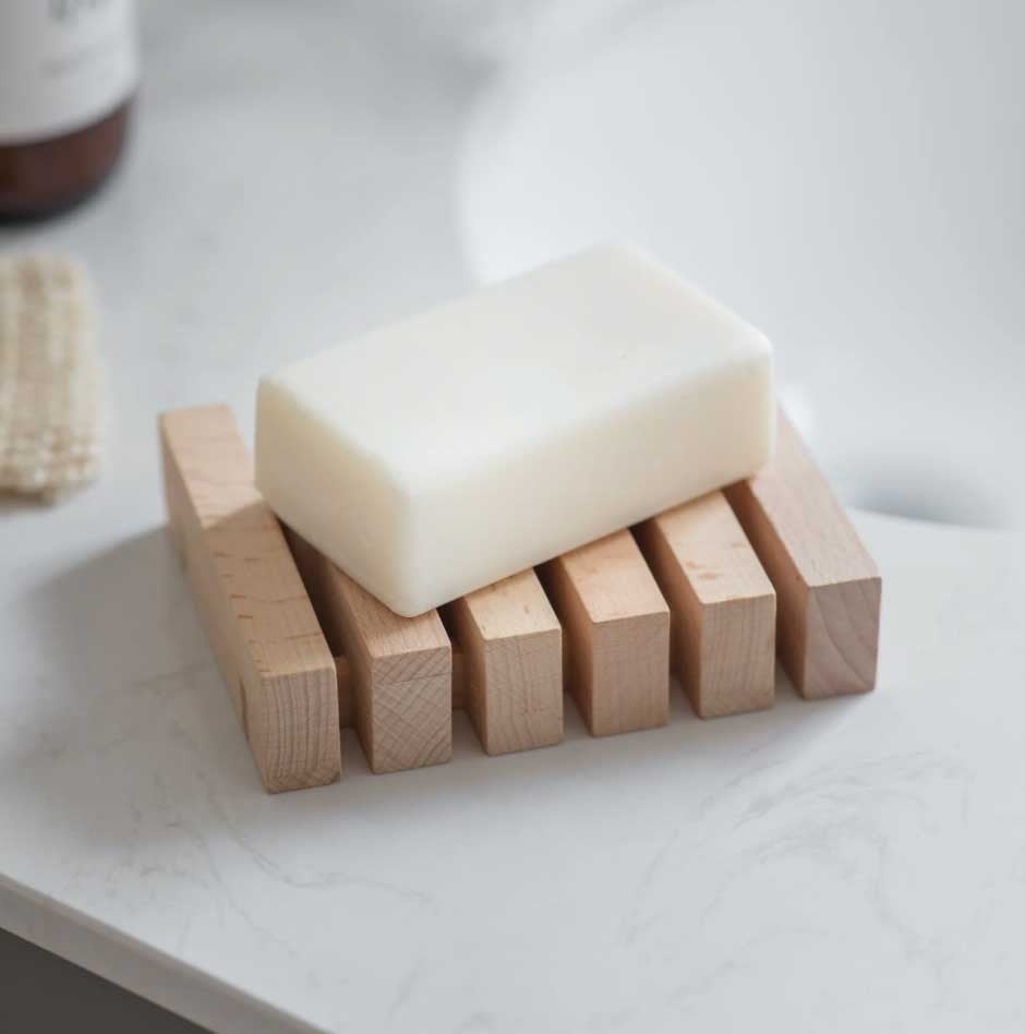 Southbourne natural beech wood soap dish with simple slatted design.