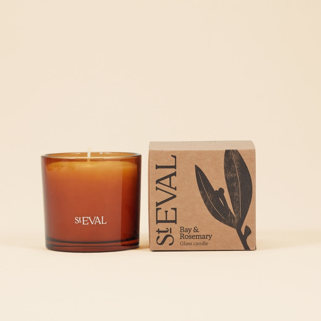 St Eval Bay and Rosemary Amber Glass Candle hand-poured in North Cornwall.
