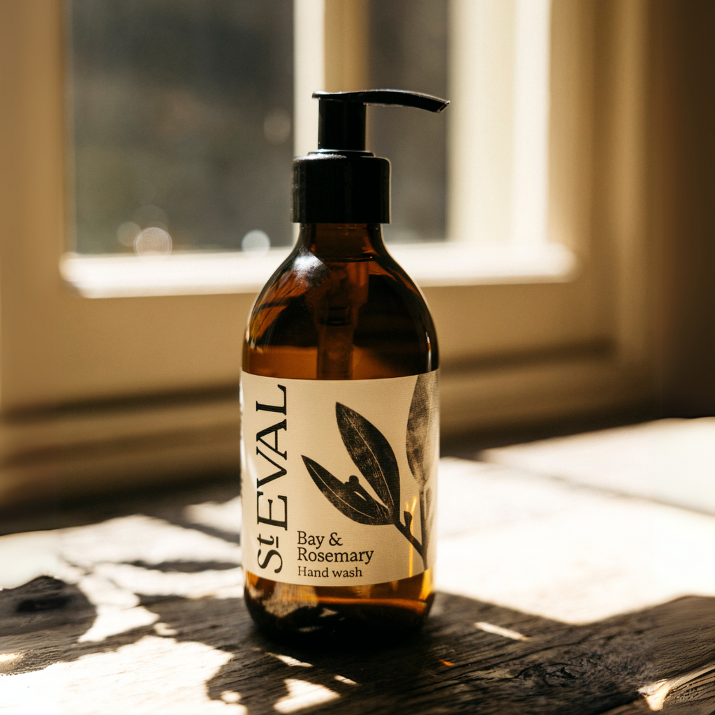 St Eval Bay and Rosemary Hand Wash in a 240ml artisan glass bottle.