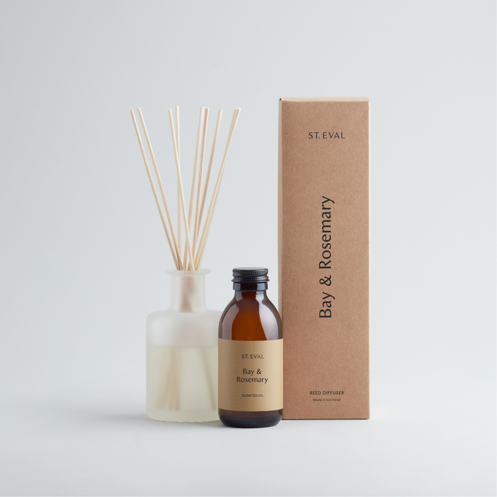 St Eval Bay and Rosemary Reed Diffuser 150ml in frosted glass bottle with diffuser reeds.