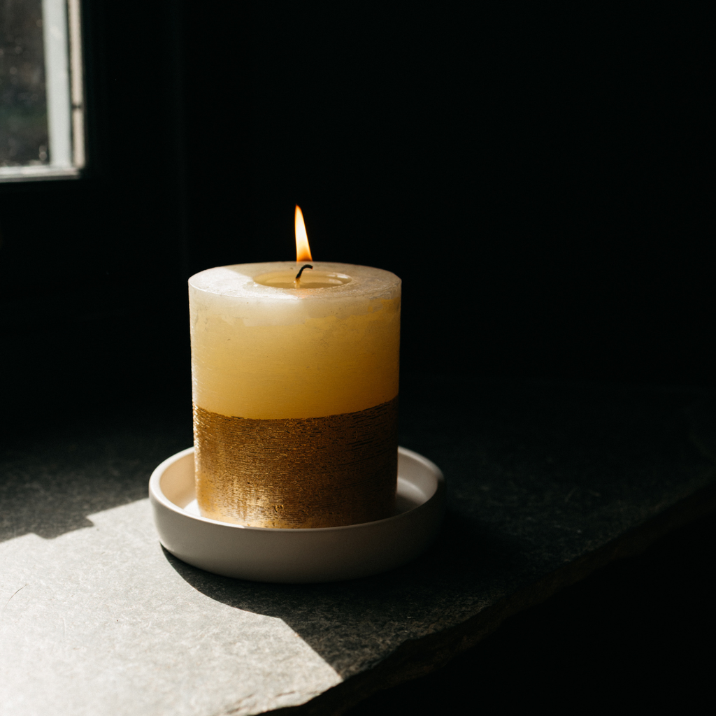 St Eval Inspiritus half-dipped gold pillar candle hand-poured in Cornwall