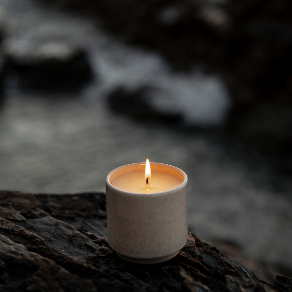St Eval Sea Salt Sand Dune Candle in a handmade reactive glazed ceramic pot.