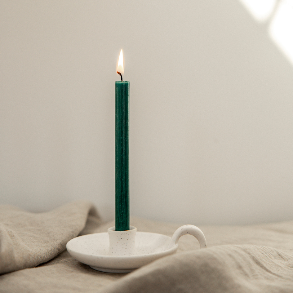 St Eval white speckled ceramic mini candle holder with handle