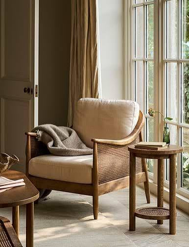 Templecombe Ash Wood Side Table with round top and practical lower storage shelf.