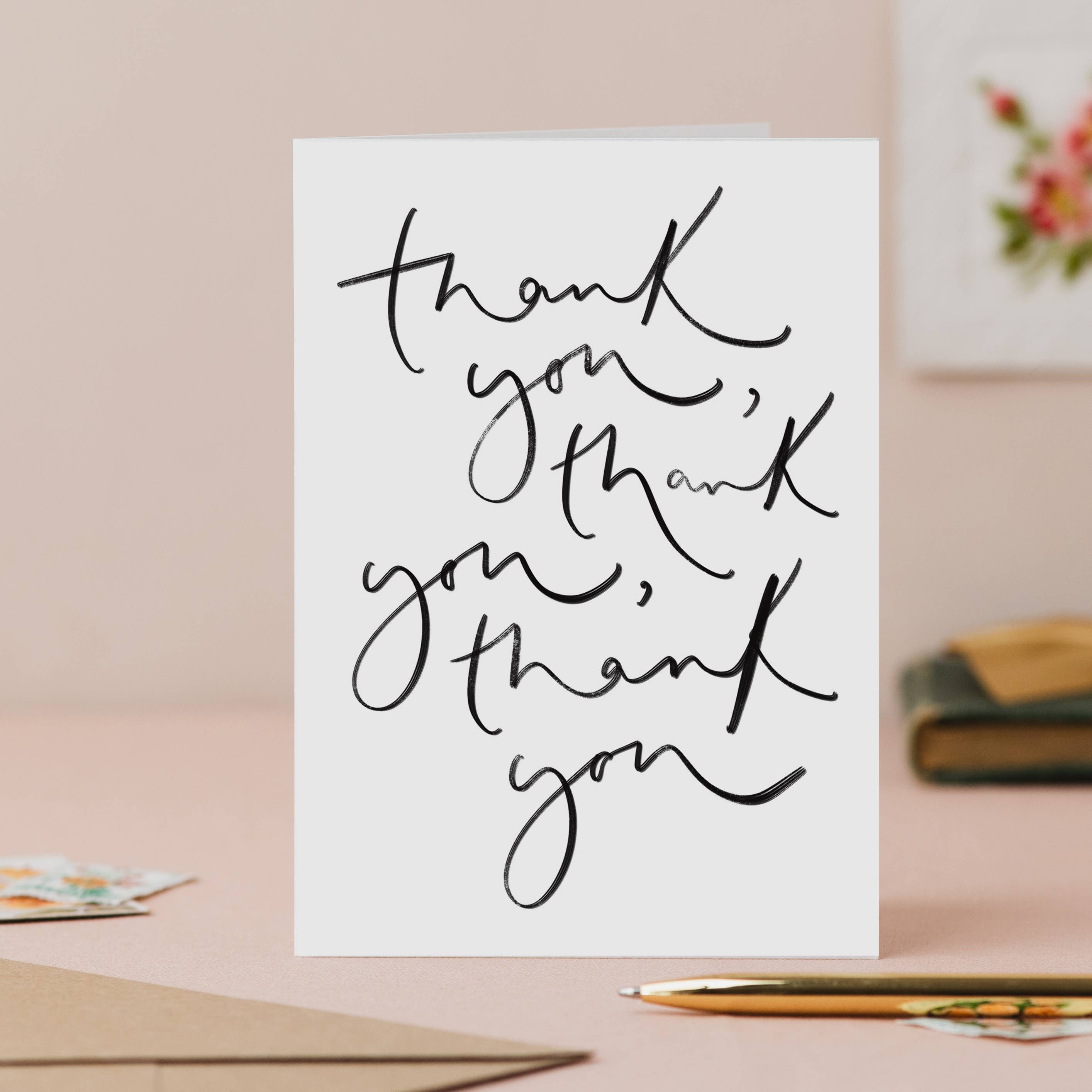 A beautifully simple ‘Thank You, Thank You, Thank You’ card with original hand lettering. Printed on textured Italian cardstock. Perfect for thoughtful gratitude.