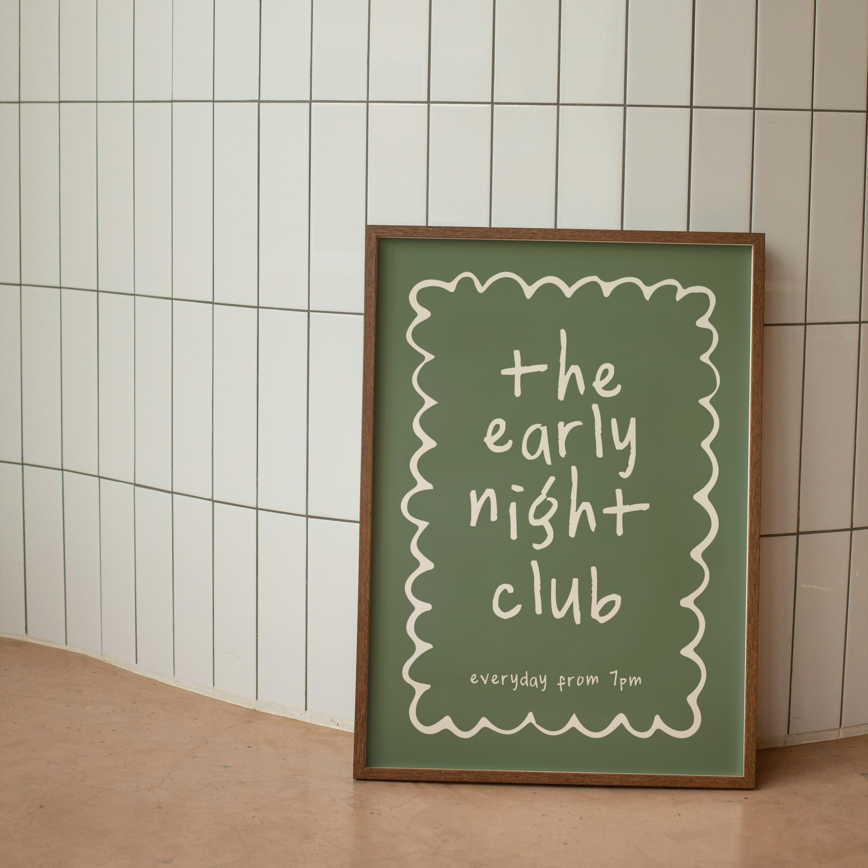 Shop The Early Night Club wall art print in cream and olive. A calming typography print perfect for cosy bedrooms, reading corners and relaxed interiors.
