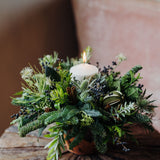Discover The Enchanted Forest, a Christmas candle centrepiece in aged terracotta with fragrant pine, winter foliage, pinecones, dried limes and a pillar candle.