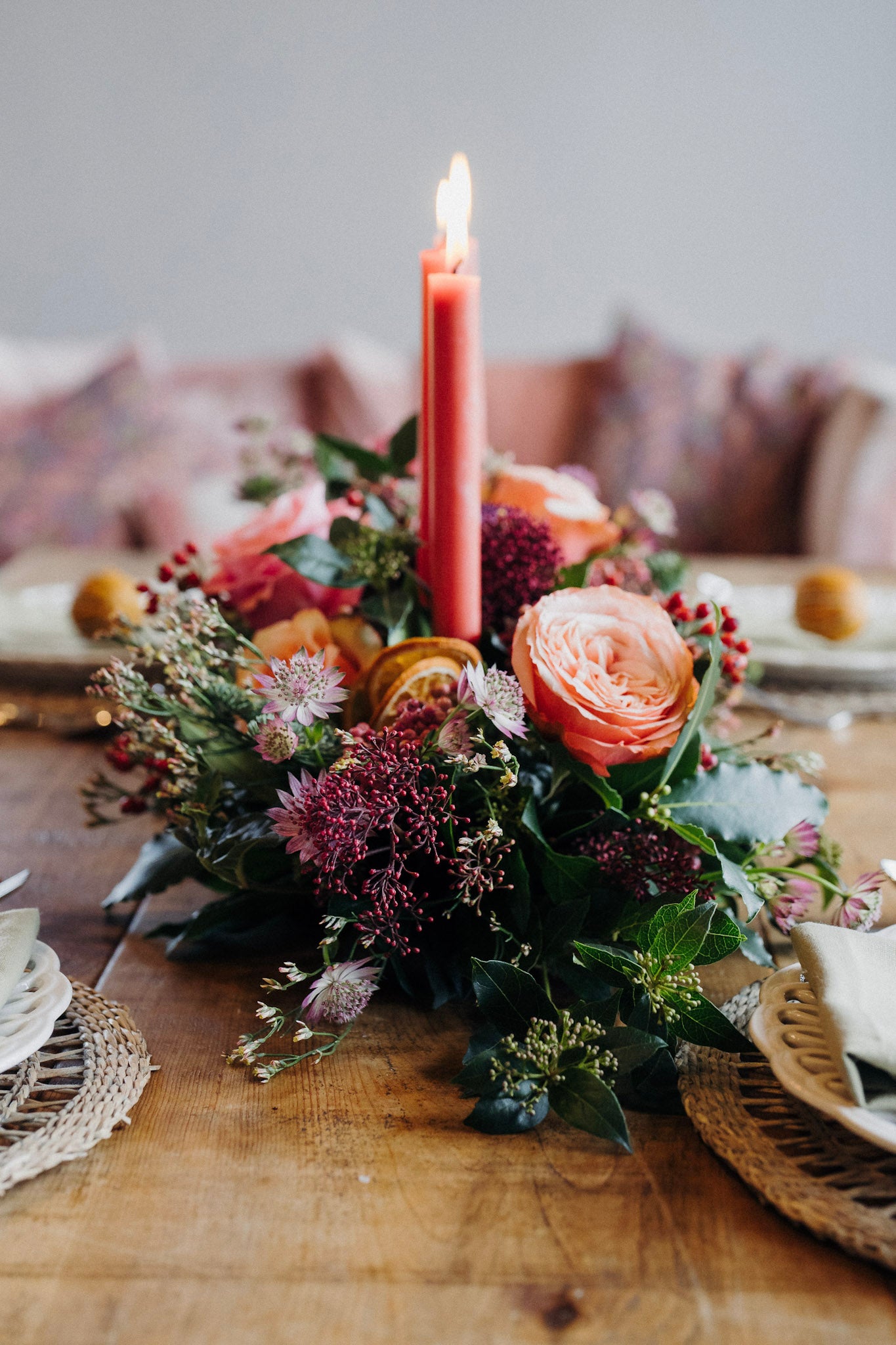 Discover The Nutcracker, a luxury Christmas table centrepiece with roses, amaryllis, rich berry tones and fragrant winter foliage. Handmade by Mad Lilies.
