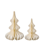 The Winter Fir decorative honeycomb paper Christmas trees with sculptural tiered silhouettes, available in Winter Pearl, Christmas Latte and Dusky Blue.