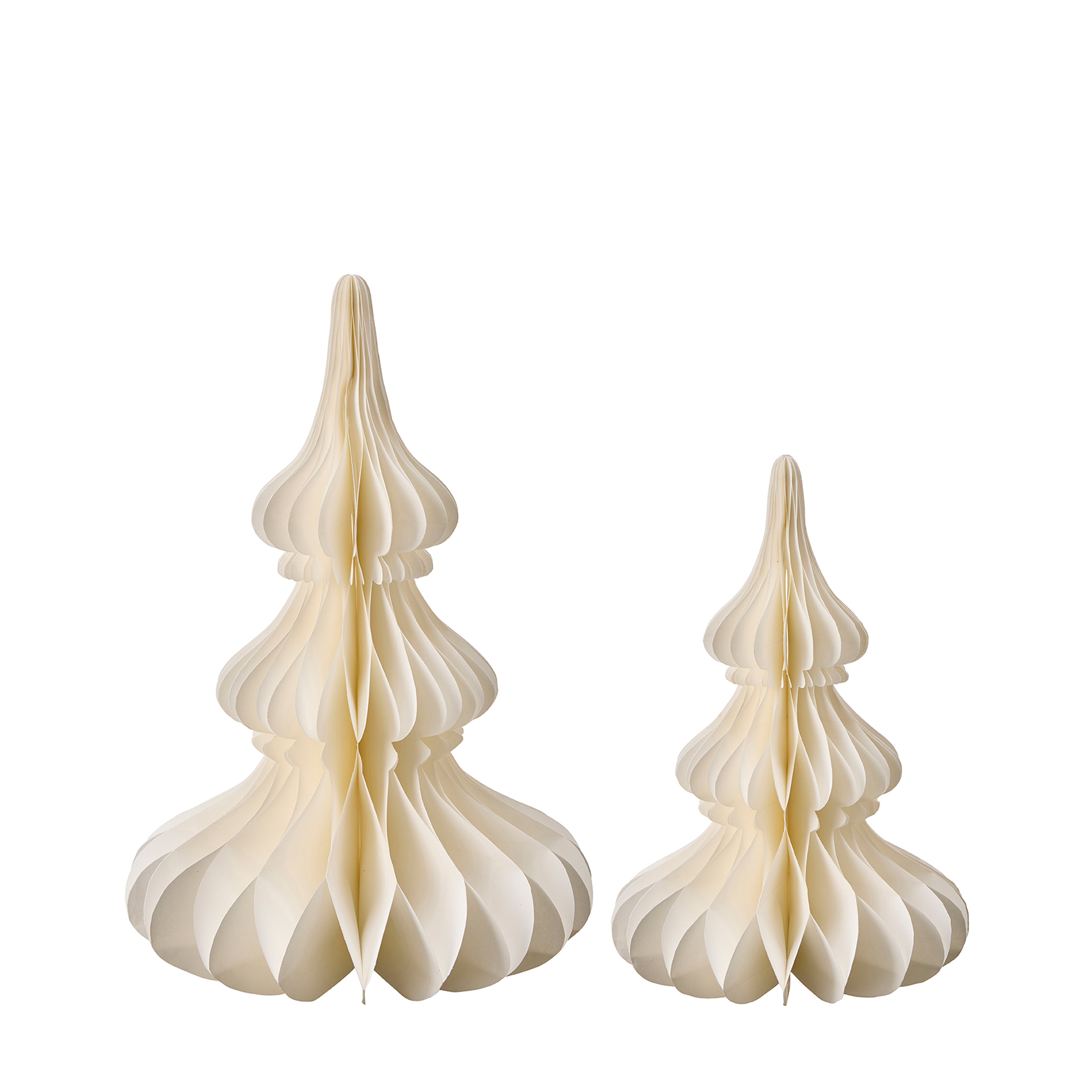 The Winter Fir decorative honeycomb paper Christmas trees with sculptural tiered silhouettes, available in Winter Pearl, Christmas Latte and Dusky Blue.