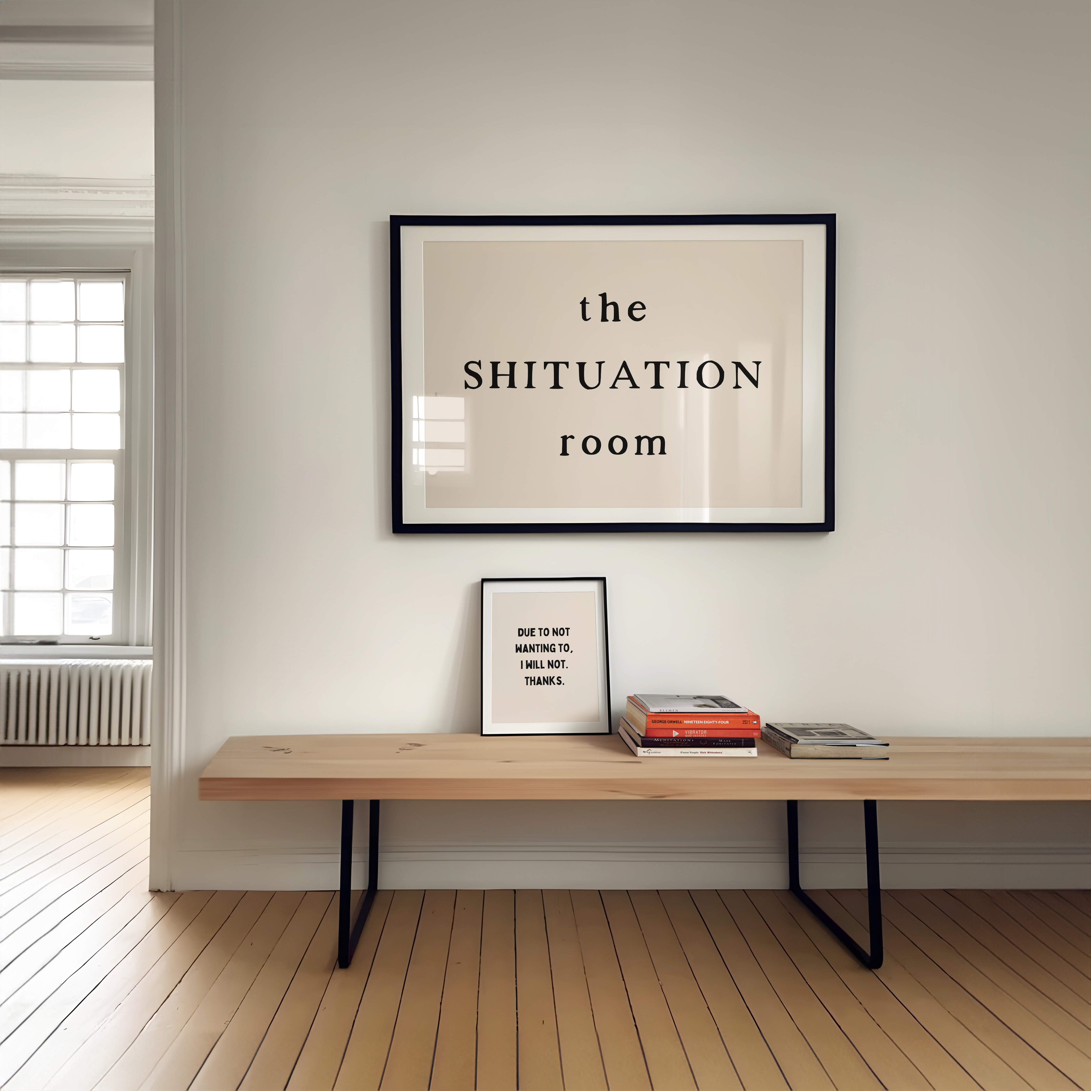 Funny modern typography wall art print featuring ‘This Shituation Room’. Premium A3 giclée print available framed or unframed for contemporary interiors.