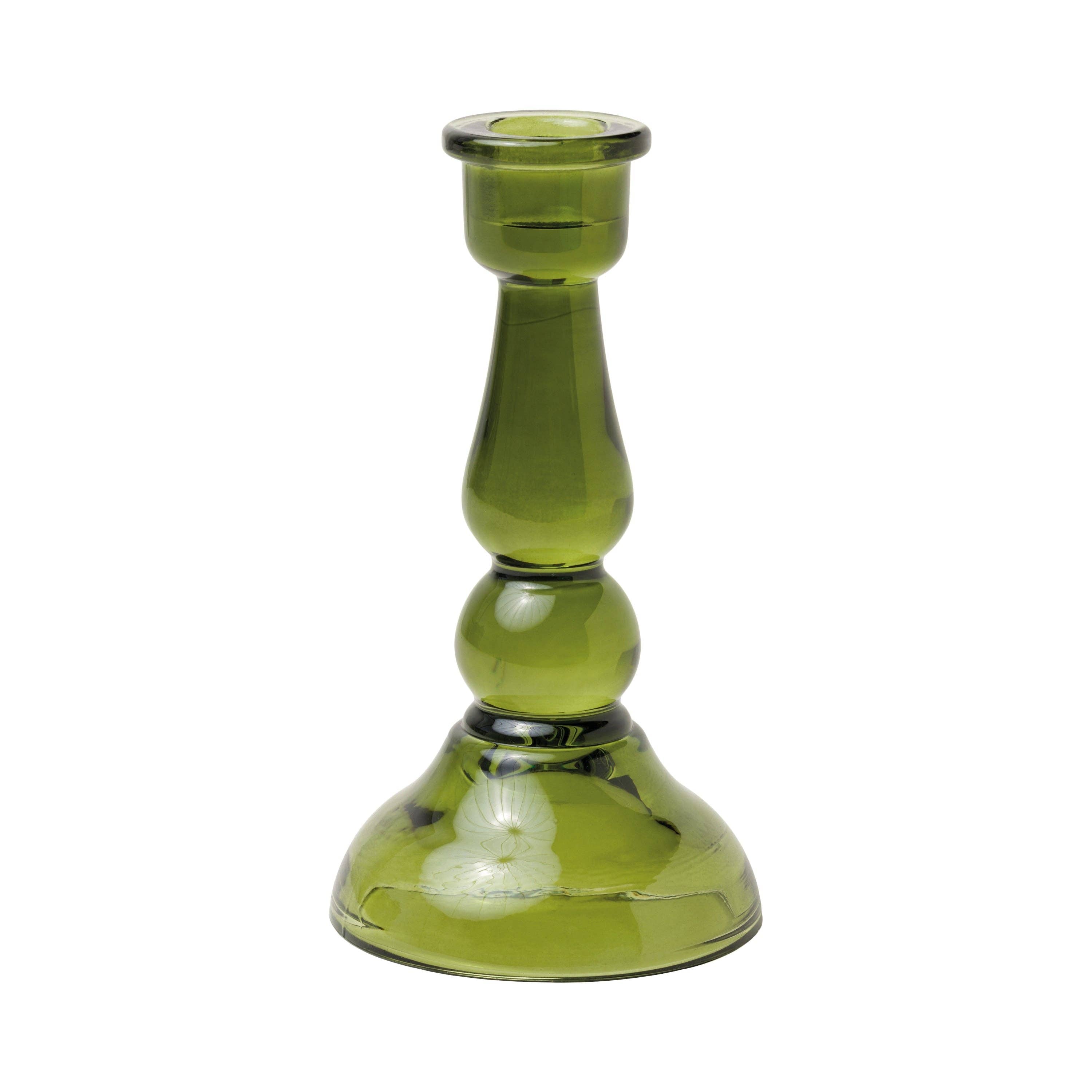 Tinted glass taper candle holder for colourful dinner table styling