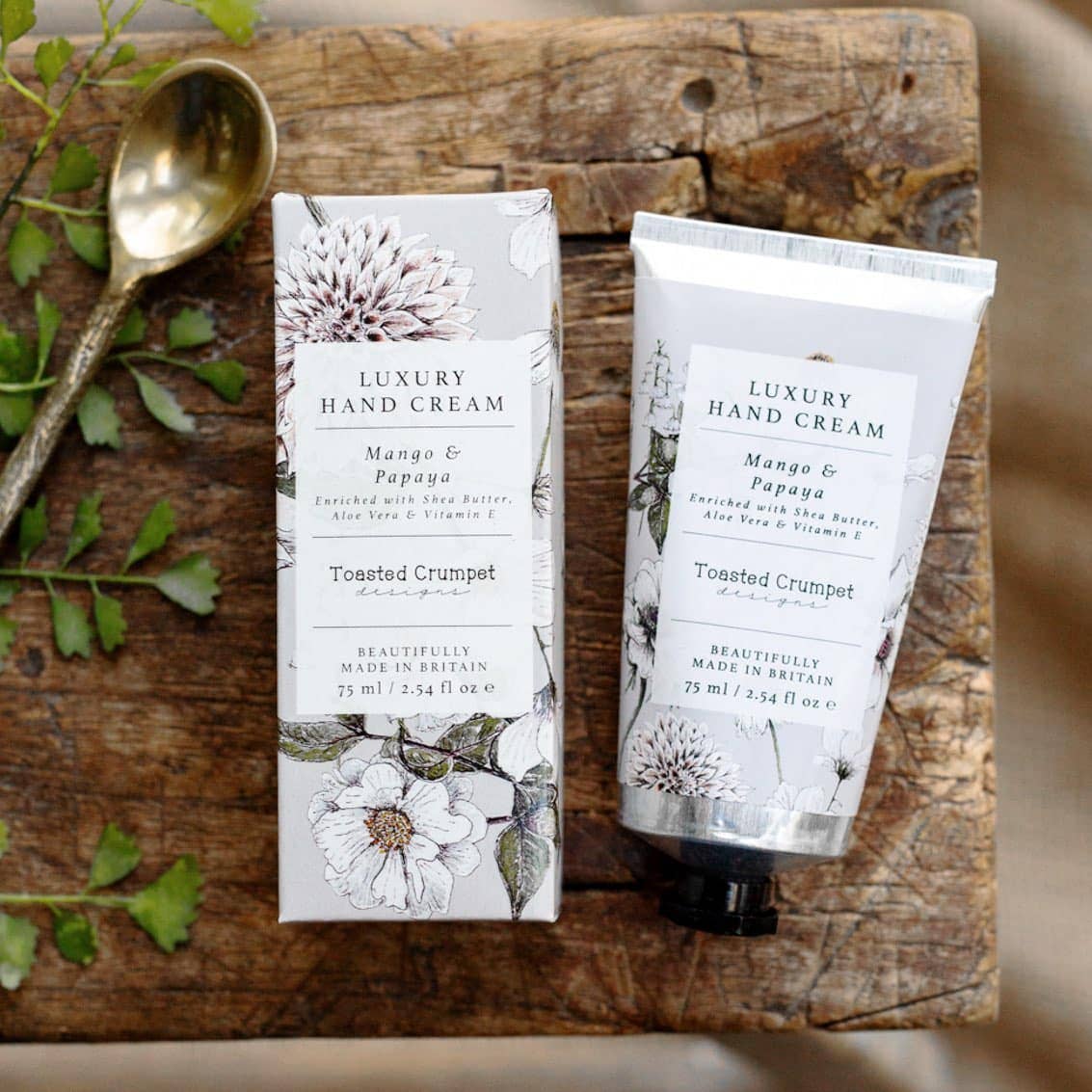 Toasted Crumpet Mango & Papaya Luxury Hand Cream from the Blanc Collection in a 75ml tube, made in Britain with a fresh tropical fragrance.