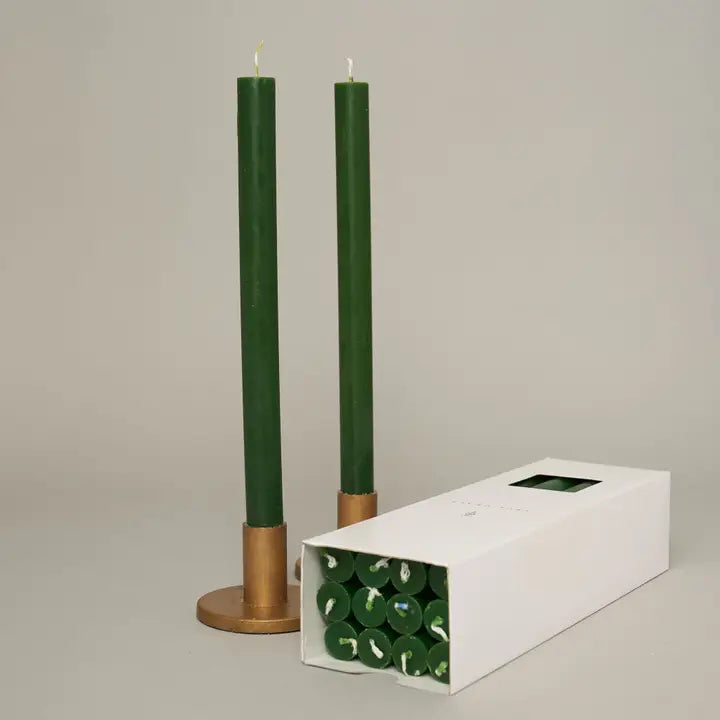 True Grace Holly Leaf green dinner candle with a classic taper design, offering a 12-hour burn time for elegant table and home styling.
