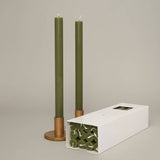 True Grace Sage Green dinner candle in a soft green taper design with a 12-hour burn time, perfect for elegant table styling and home décor.