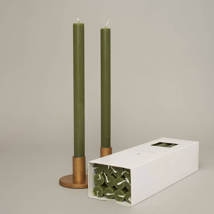 True Grace Sage Green dinner candle in a soft green taper design with a 12-hour burn time, perfect for elegant table styling and home décor.