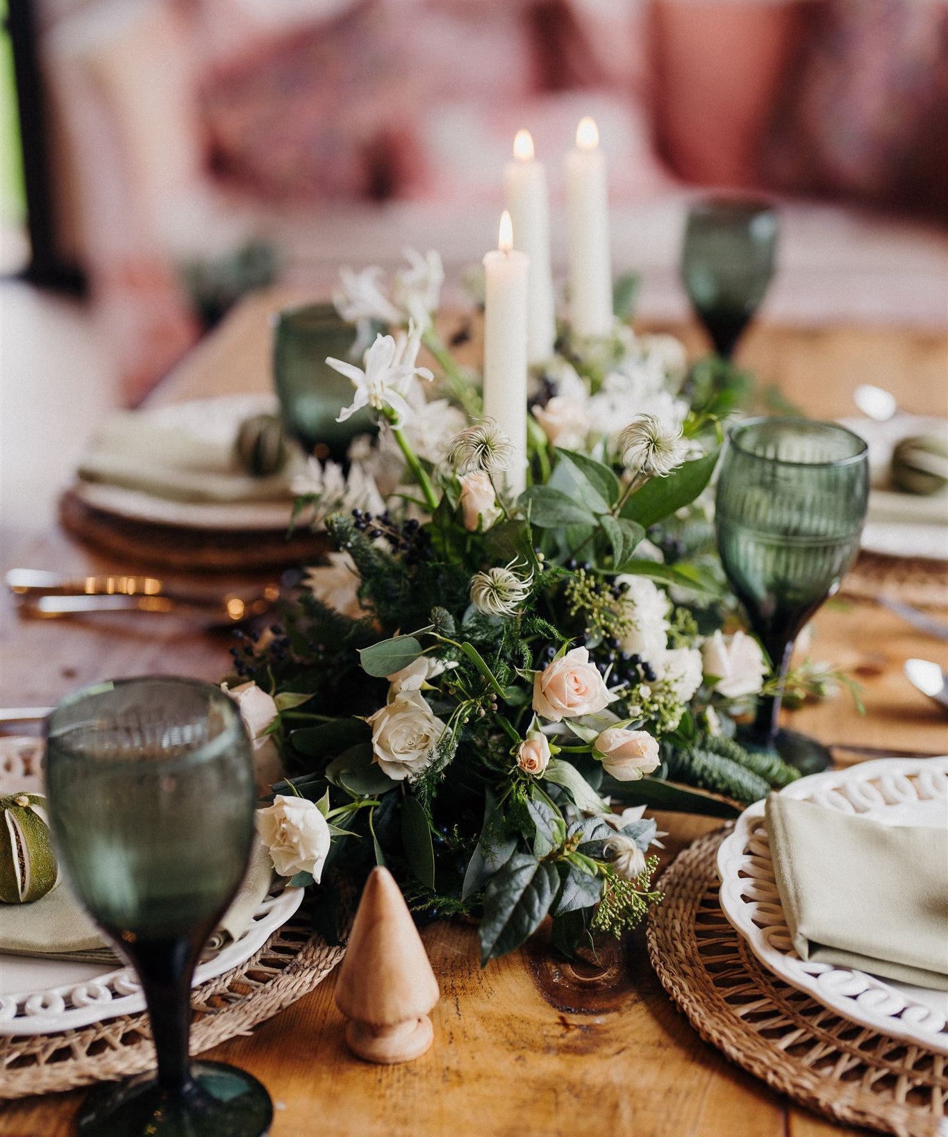 Twelfth Night luxury Christmas floral table runner with white Snowflake tea roses, nerines, sea holly, pine and eucalyptus in an elegant winter green palette