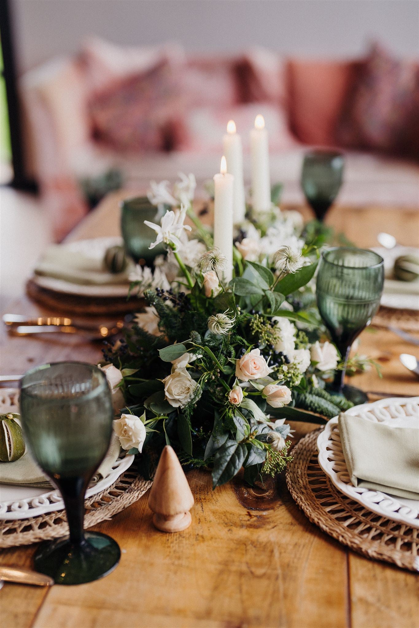 Twelfth Night luxury Christmas floral table runner with white Snowflake tea roses, nerines, sea holly, pine and eucalyptus in an elegant winter green palette