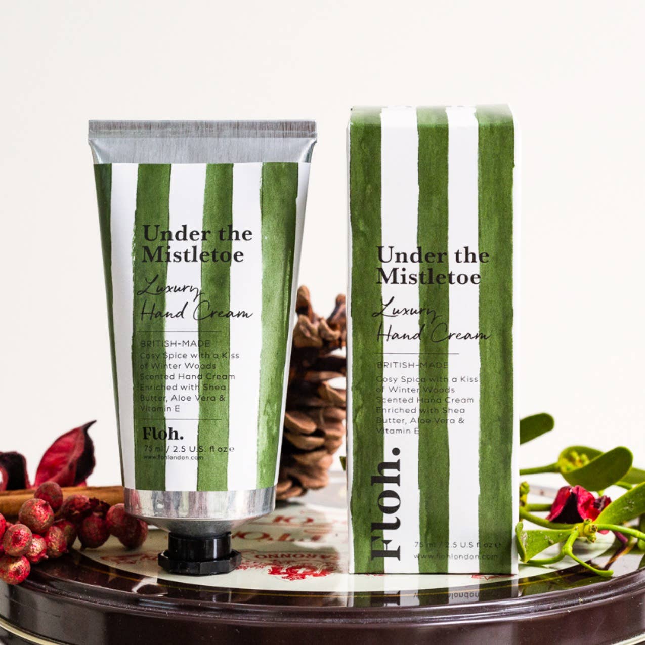 Under the Mistletoe luxury Christmas hand cream 75ml in recyclable aluminium tube with matching illustrated gift box, enriched with shea butter, aloe vera and vitamin E.