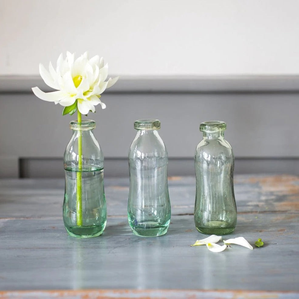Vernham Set of 3 Recycled Glass Bottles for single flower stems and wildflowers.