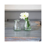 Set of two Vernham clear recycled glass bud vases with handcrafted rolled rims and softly textured finish.