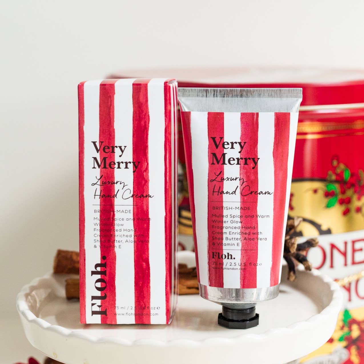 Very Merry luxury Christmas hand cream 75ml in recyclable aluminium tube with matching hand-illustrated festive gift box, enriched with shea butter, aloe vera and vitamin E.
