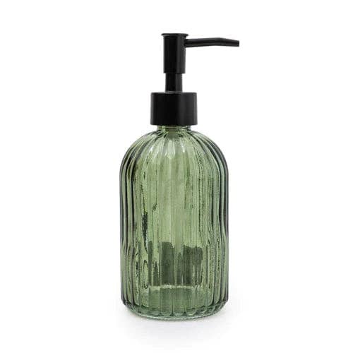 Deep green ribbed glass soap dispenser with a black pump, designed for stylish kitchen and bathroom sink areas.