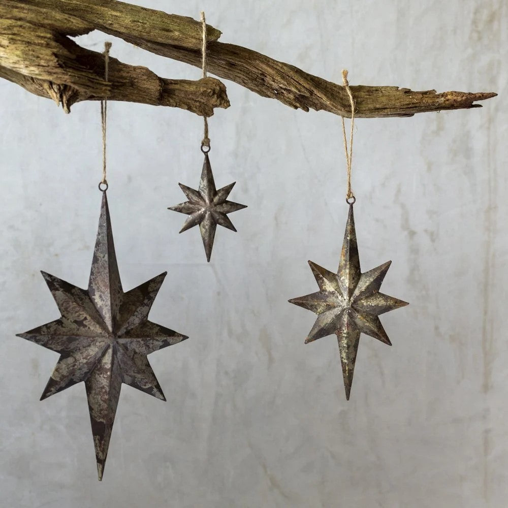 Vintage Star Christmas Decorations in small 12cm, medium 20cm and large 28cm sizes for festive hanging displays.