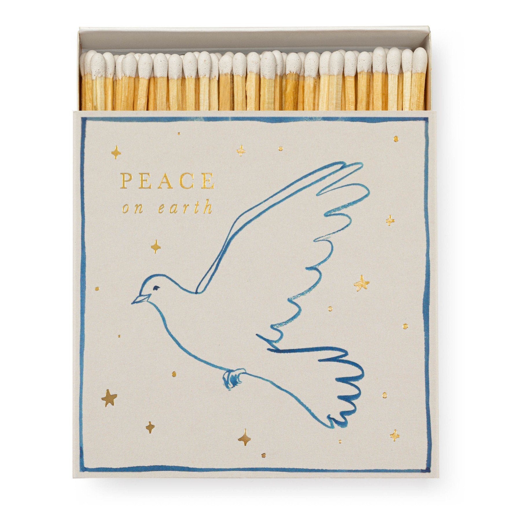 Wanderlust Paper Co. Peace Dove luxury matchbox with elegant gold foil detailing and 125 extra-long safety matches for candles and fireplaces.