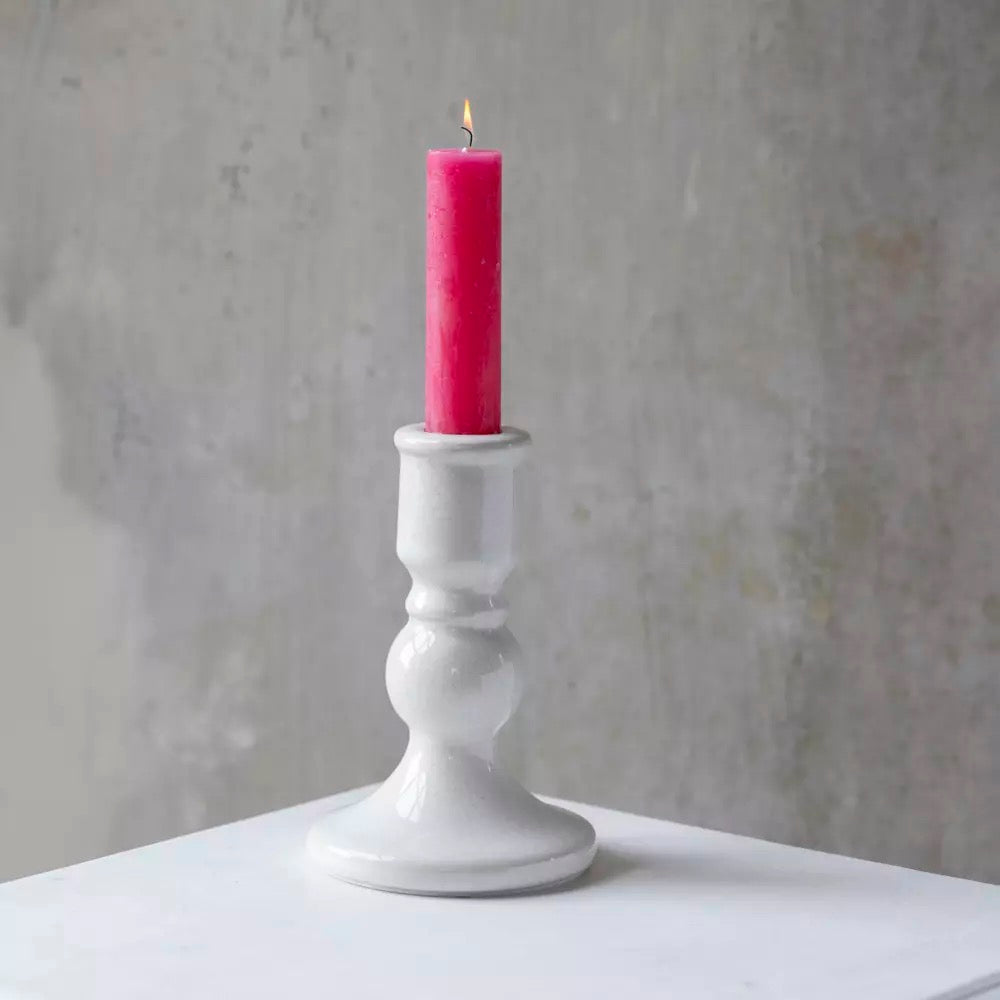 Elegant white crackle ceramic candle holder for dinner candles. A timeless decorative candlestick perfect for tablescapes, mantels and ambient home styling.