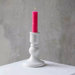 Elegant white crackle ceramic candle holder for dinner candles. A timeless decorative candlestick perfect for tablescapes, mantels and ambient home styling.