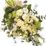 Natural hand-tied seasonal funeral sheaf with garden-style flowers and fresh foliage, handcrafted by Mad Lilies florists in Banstead, Surrey.