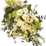 Natural hand-tied seasonal funeral sheaf with garden-style flowers and fresh foliage, handcrafted by Mad Lilies florists in Banstead, Surrey.