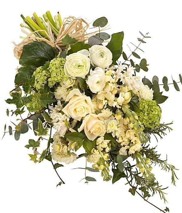 Natural hand-tied seasonal funeral sheaf with garden-style flowers and fresh foliage, handcrafted by Mad Lilies florists in Banstead, Surrey.