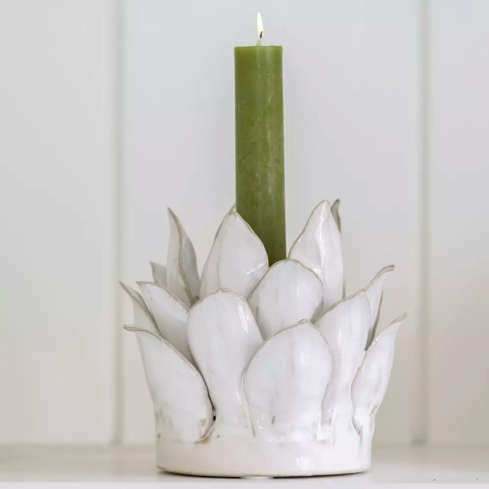 Medium white candle holder with sculptural flower petal design