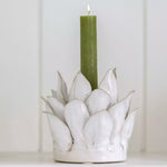 Medium white candle holder with sculptural flower petal design