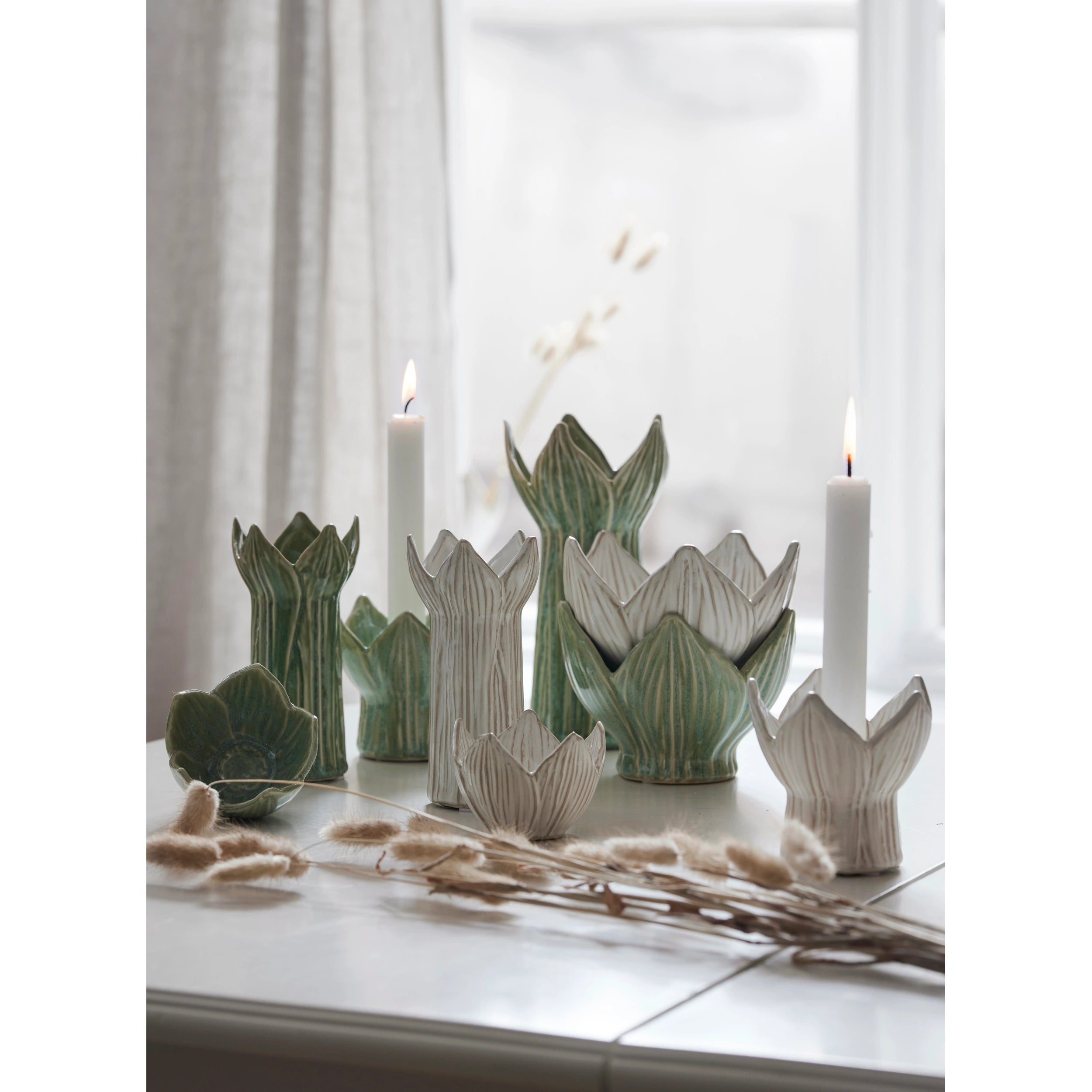 Wikholm Form Ingela Green Melange stoneware tealight holders in two sizes