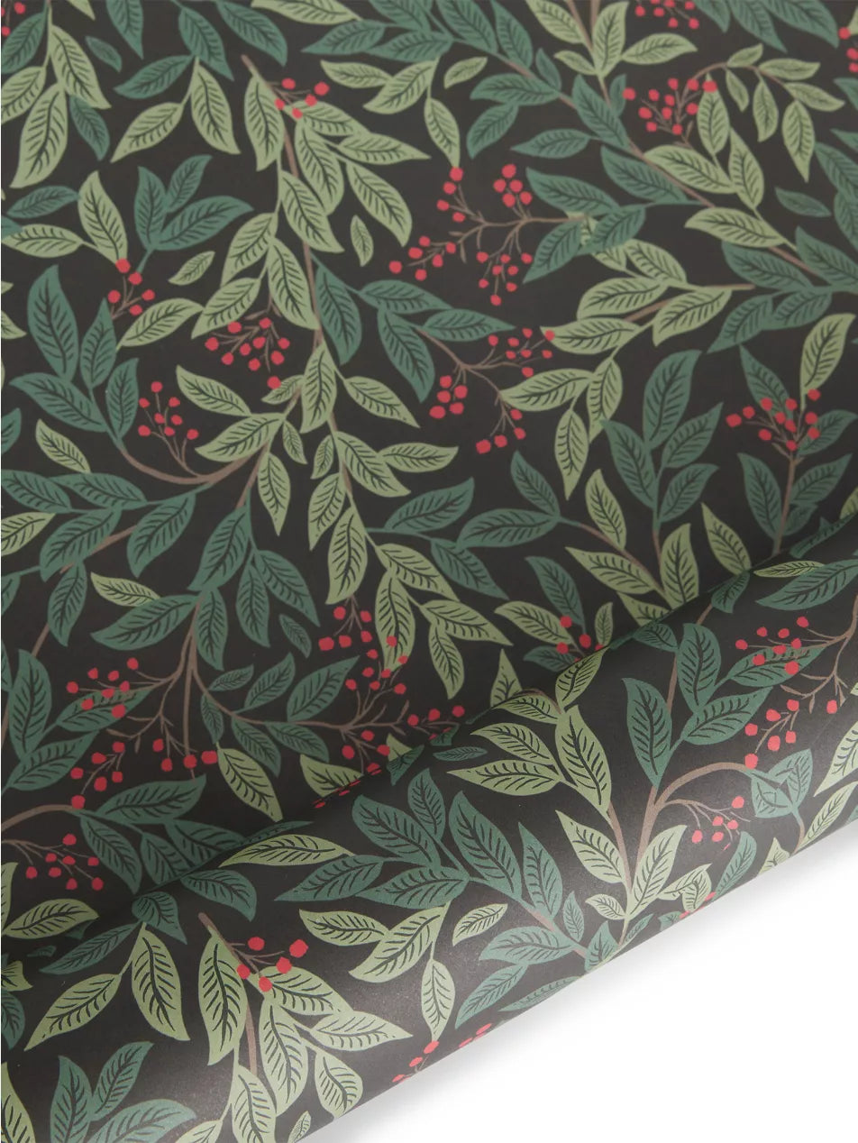 Shop Rifle Paper Co. Willowberry Christmas Wrapping Paper. Three 500 × 700mm sheets featuring a beautiful botanical design in plastic-free presentation.