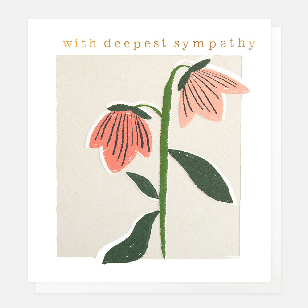 Send heartfelt condolences with our ‘With Deepest Sympathy’ card, featuring pink flowers on cream. Made in the UK, fully recyclable, and sustainably sourced.