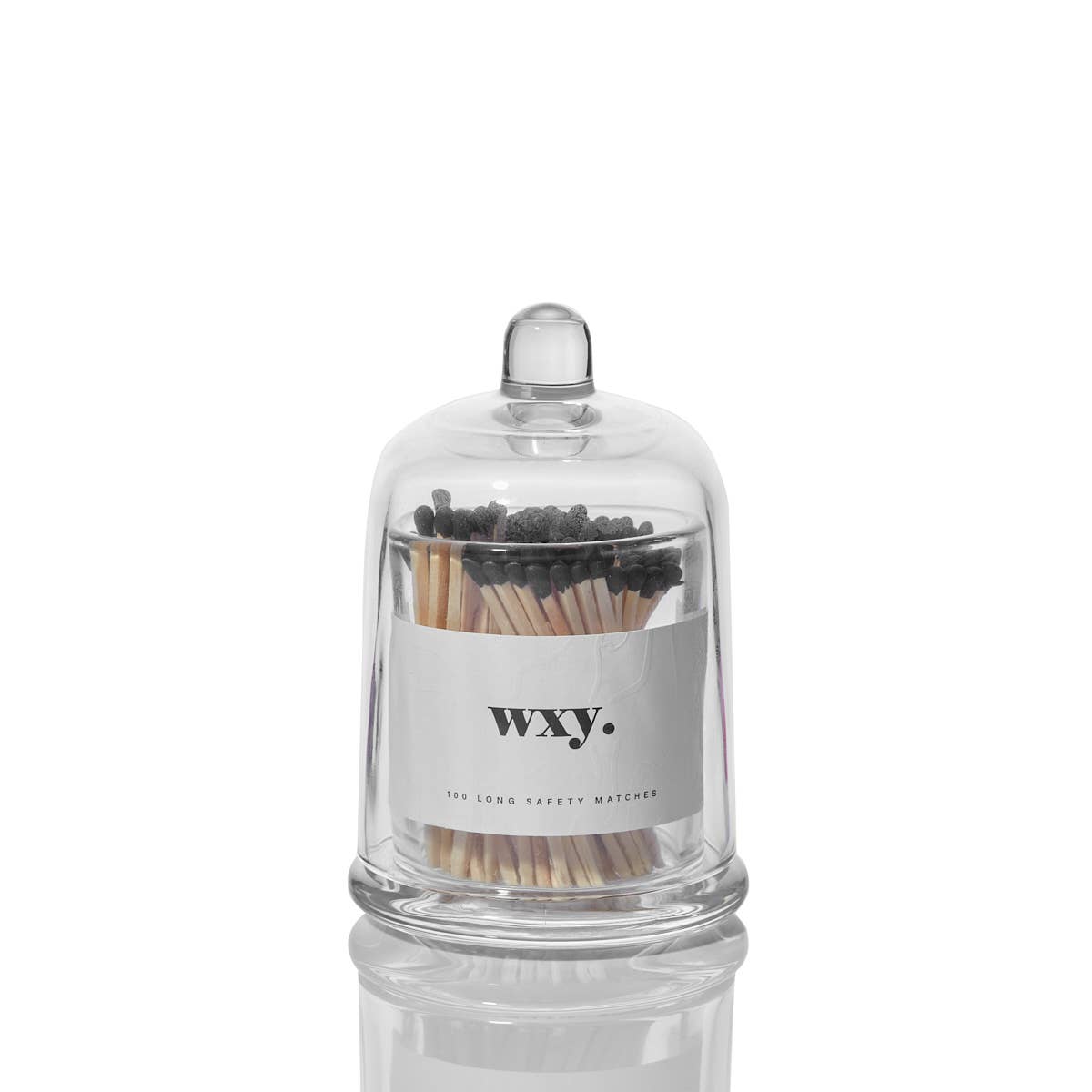 WXY Cloche Matches with 100 black and white safety matches in a decorative glass jar.