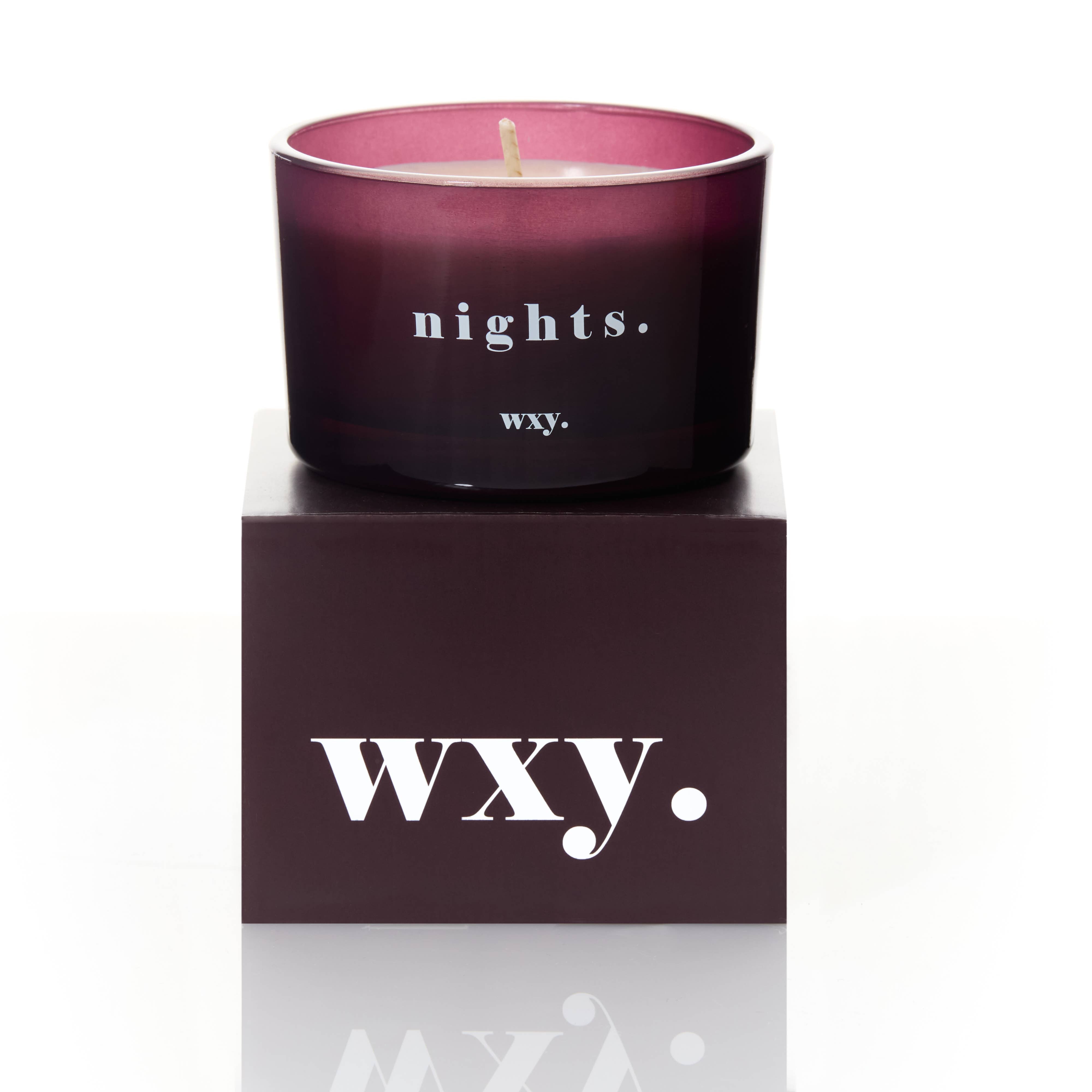 WXY Nights Bourbon Sugar &amp; Tobacco Leaf 3oz luxury candle made in the UK with 100% plant-based wax and a warm smoky fragrance.