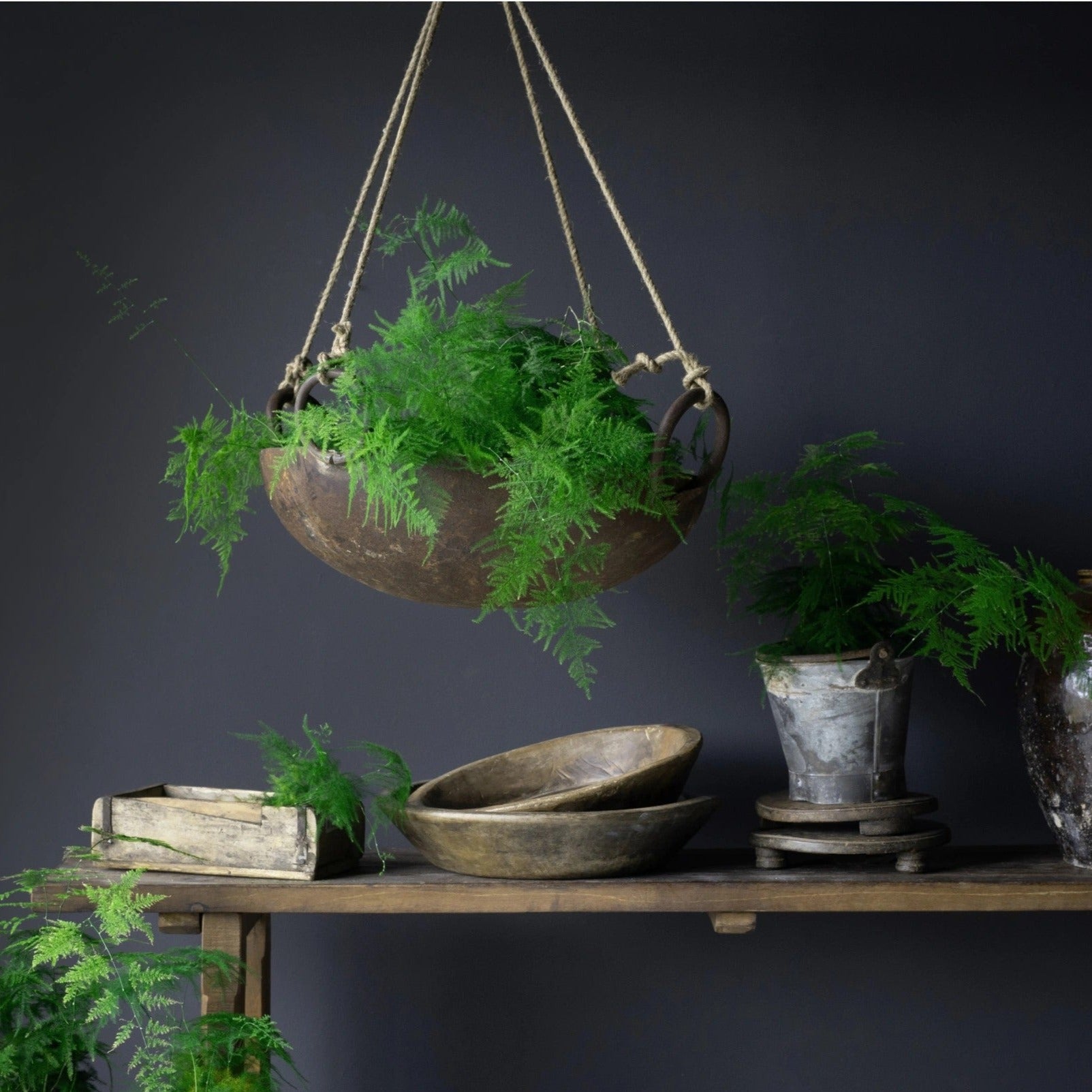 Yelda vintage hanging planter with natural rope hanger and aged patina
