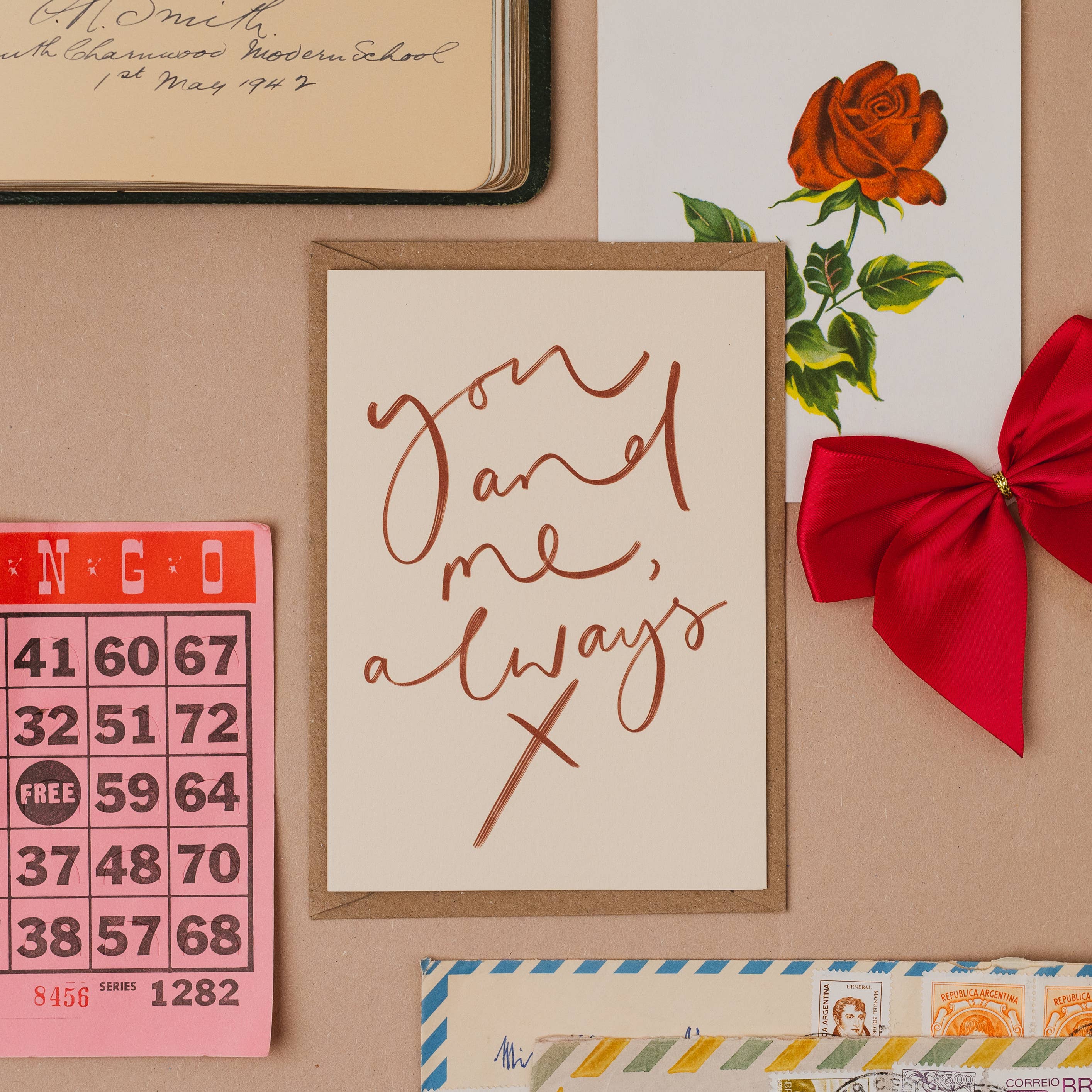 You and Me Always X handwritten greetings card with minimalist typographic design.